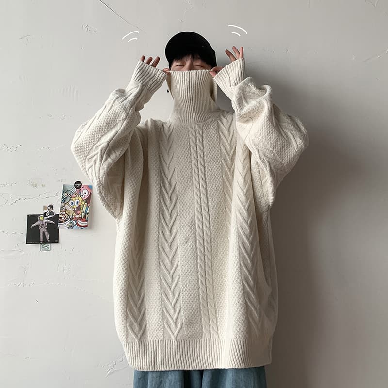 ケーブル編みゆったりオーバーサイズタートルネックセーター　M〜3XL　メンズ　長袖