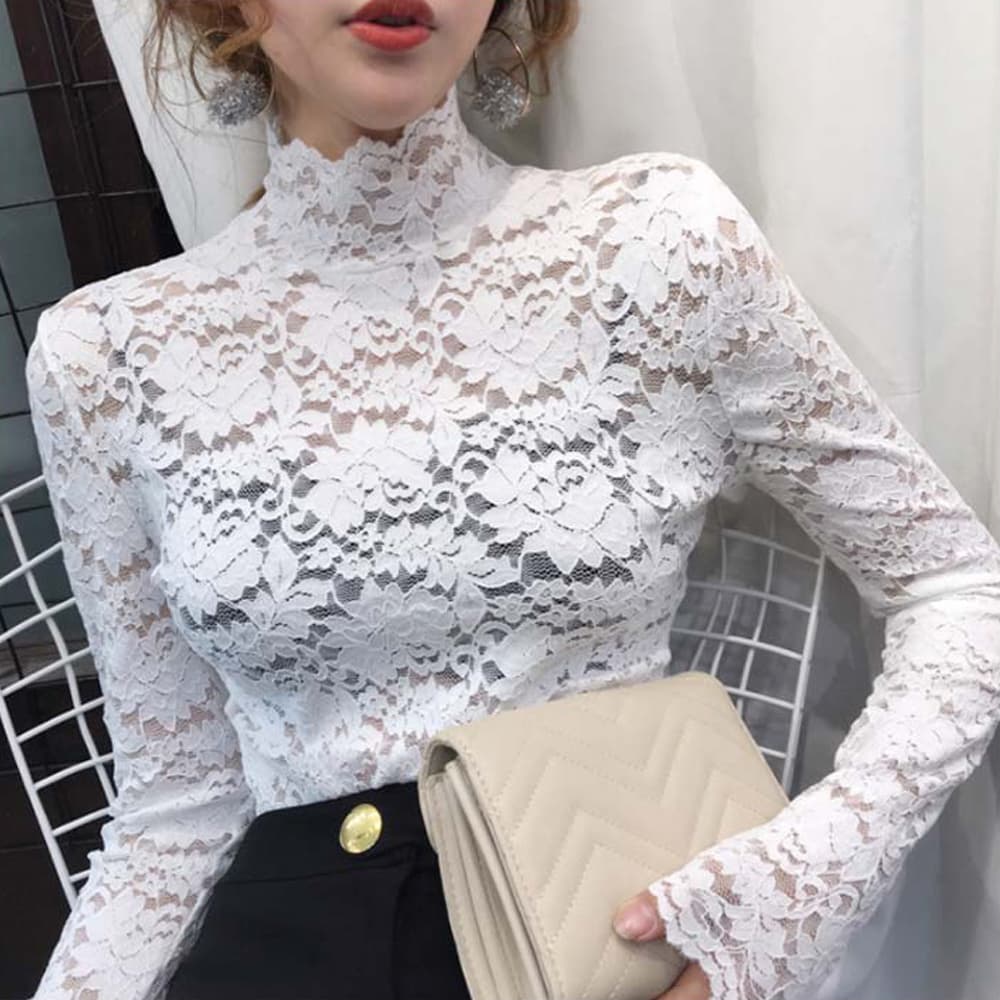 タートルネック　レディース　ノースリーブ　花柄レース タートルネックシャツ 上品シースルー