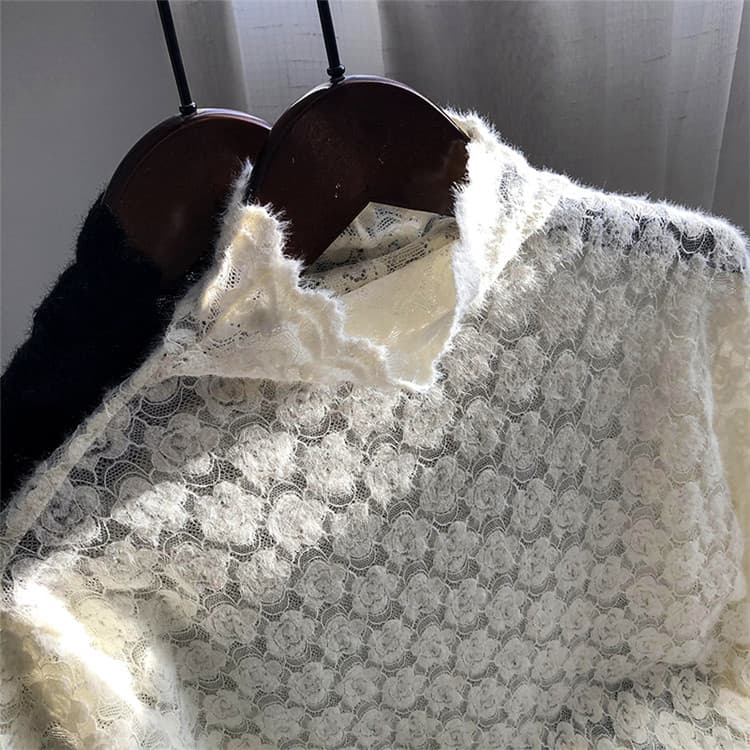 【骨格ナチュラル】花柄レース タートルネック シャツ 上品アイボリー　M L