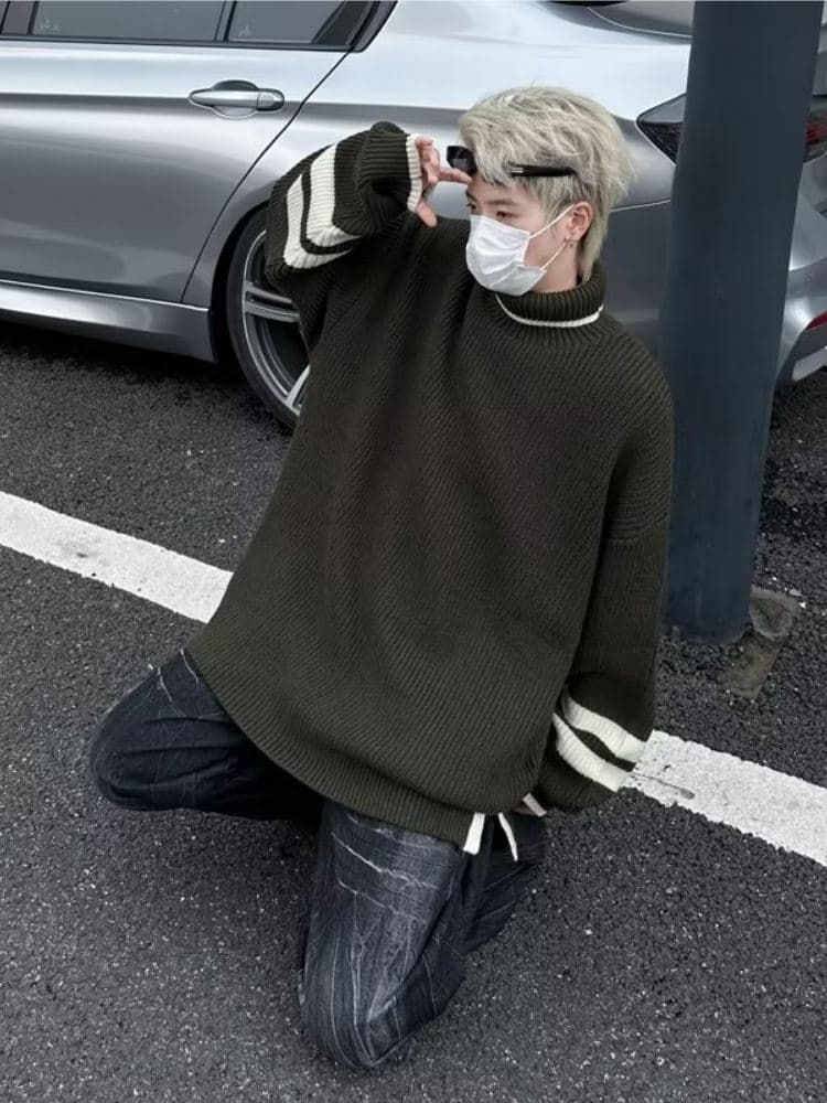 タートルネックレトロ風バイカラーリラックスセーター M~3XL