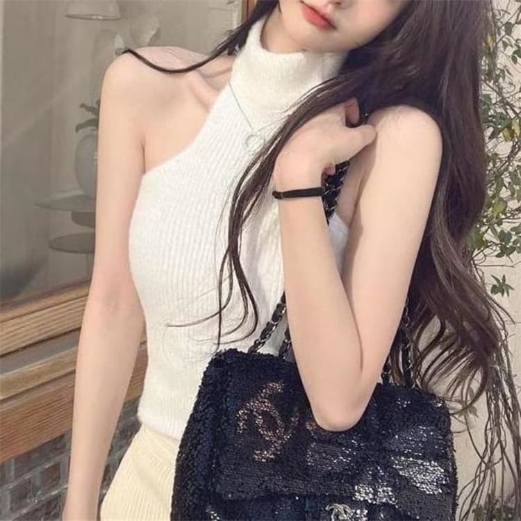 タートルネック ノースリーブ ニットシャツ レディース ハイウエスト