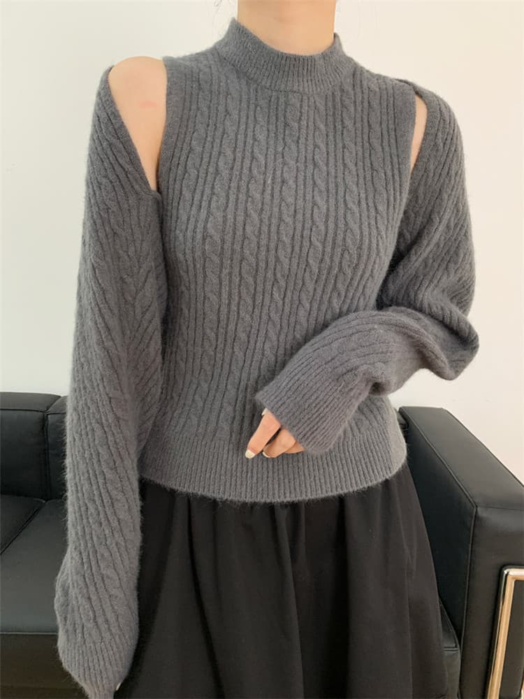 タートルネック　レディース　ノースリーブ　カーディガン　レトロ風 肩開き  ニットシャツ セット