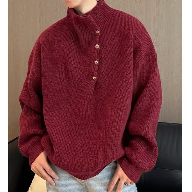 タートルネック 　メンズ　長袖　斜めボタン装飾高襟ニットM〜2XL
