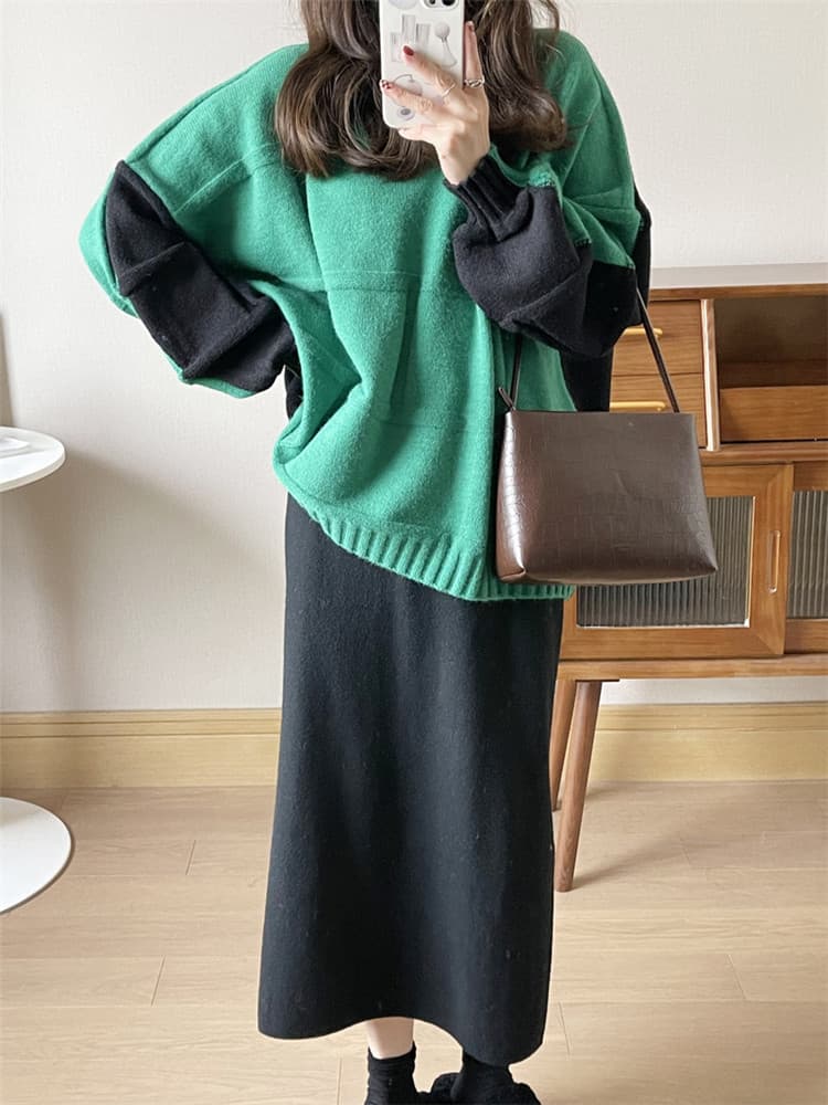 配色切替袖ゆったりタートルネックセーター