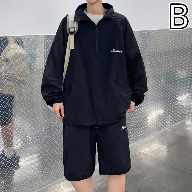 タートルネック　メンズ　長袖　 冷感素材ハーフジップシャツとショートパンツの上下セット M~3XL
