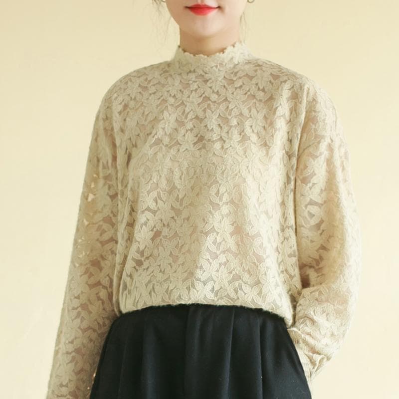 総柄レース地フリルネックタートルネックシャツ XL 2XL