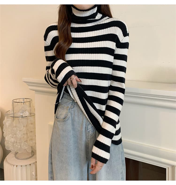 タートルネック　レディース　長袖　暖かいボーダー柄タートルネックシャツ レディース長袖ニット