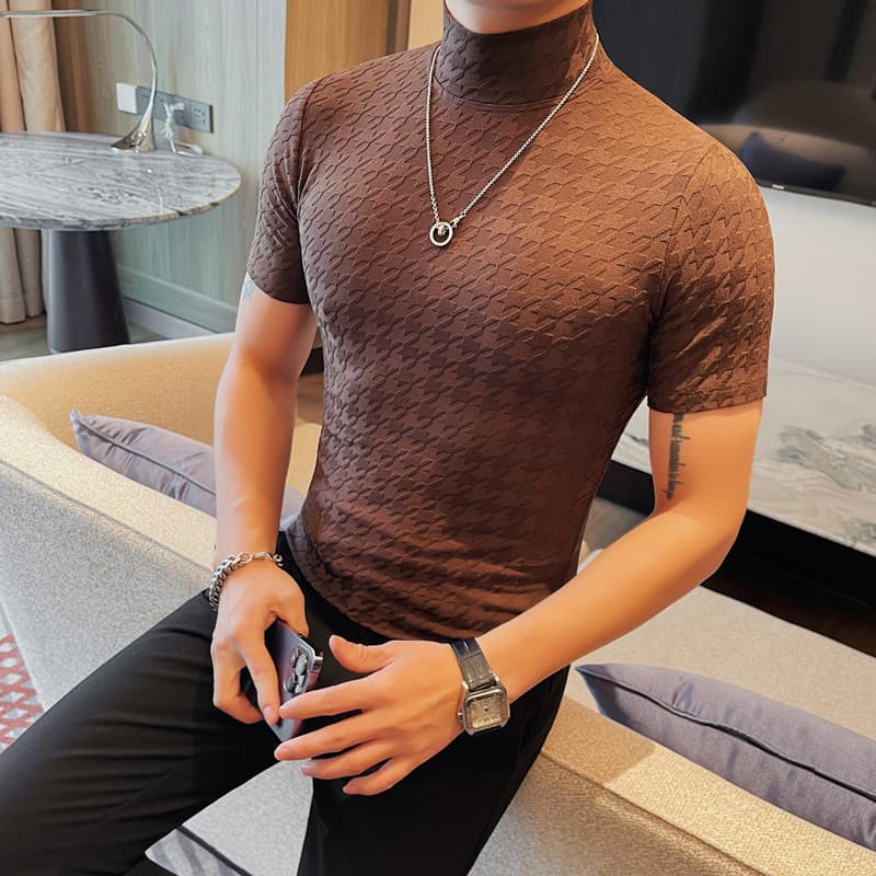 タートルネック メンズ　半袖　薄手 菱形模様入りインナーシャツ M〜4XL