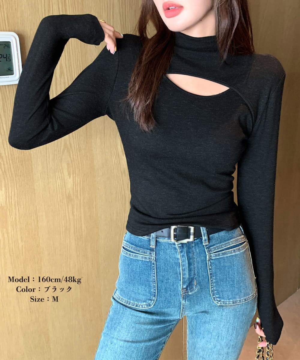 胸元カットアウトデザインタートルネックシャツ M~XL
