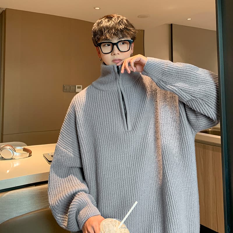 タートルネック メンズ　長袖　ハーフジップ リブ編み オーバーサイズニット　秋冬　M~2XL