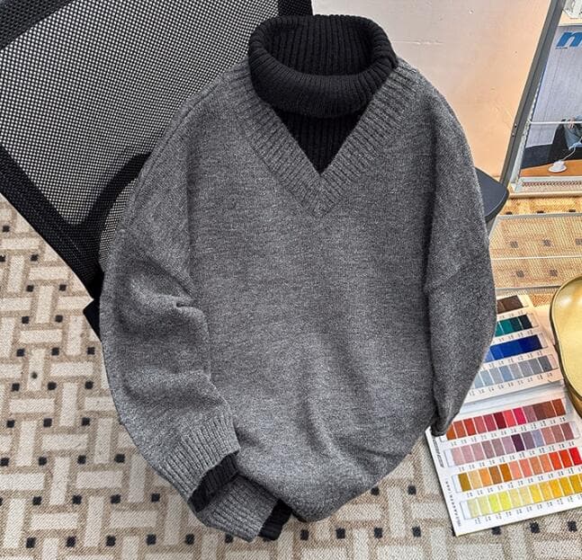 配色切替タートルネック重ね着風セーター　メンズ　M〜2XL