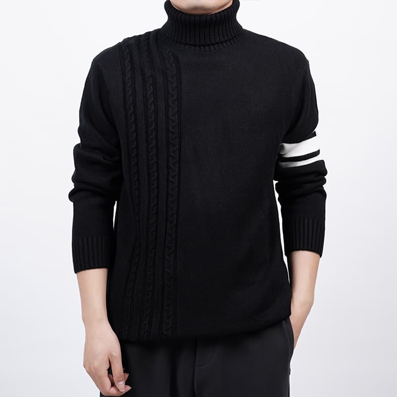 袖ライン入りケーブル編みタートルネックセーター　メンズ　M~2XL