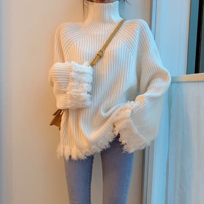 【骨格ウェーブ】裾フリンジリブ編みゆったりタートルネックセーター