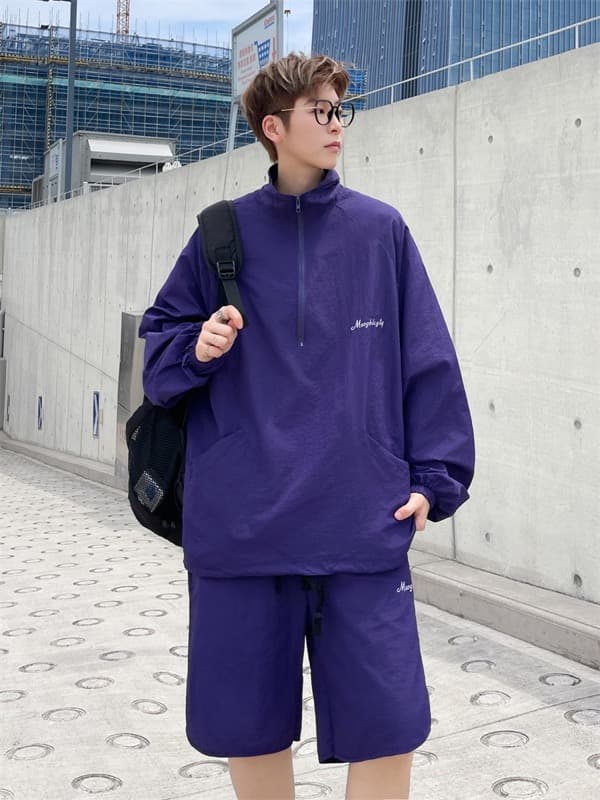 タートルネック　メンズ　長袖　 冷感素材ハーフジップシャツとショートパンツの上下セット M~3XL