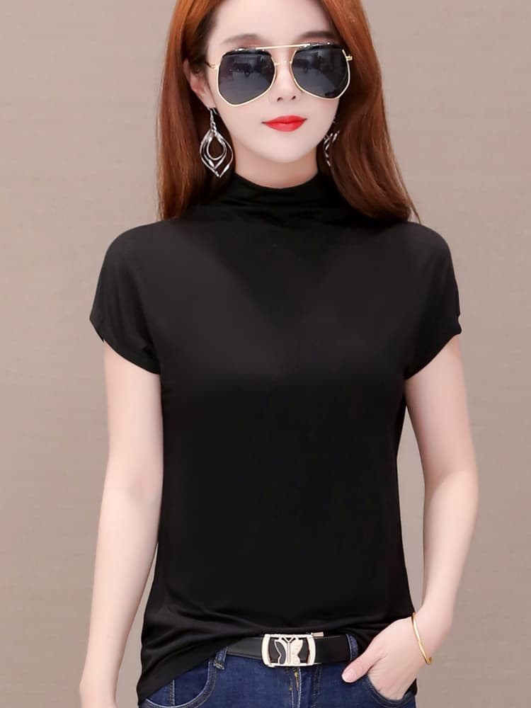 【骨格ストレート向け】半袖タートルネック レディース｜美シルエットカットソー　ぽっちゃり対応　大きいサイズ　M~5XL