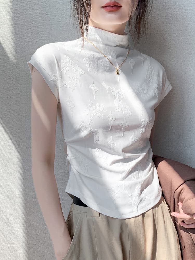 花柄ジャガード織り半袖タートルネックシャツ　レディース