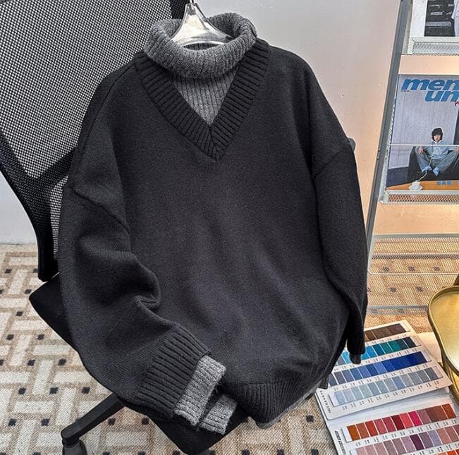 配色切替タートルネック重ね着風セーター　メンズ　M〜2XL
