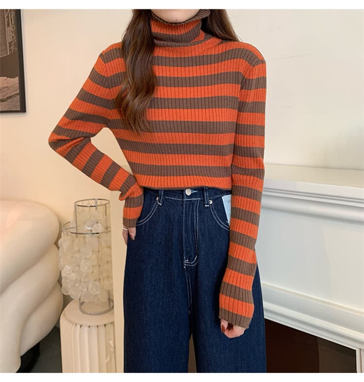 タートルネック　レディース　長袖　暖かいボーダー柄タートルネックシャツ レディース長袖ニット