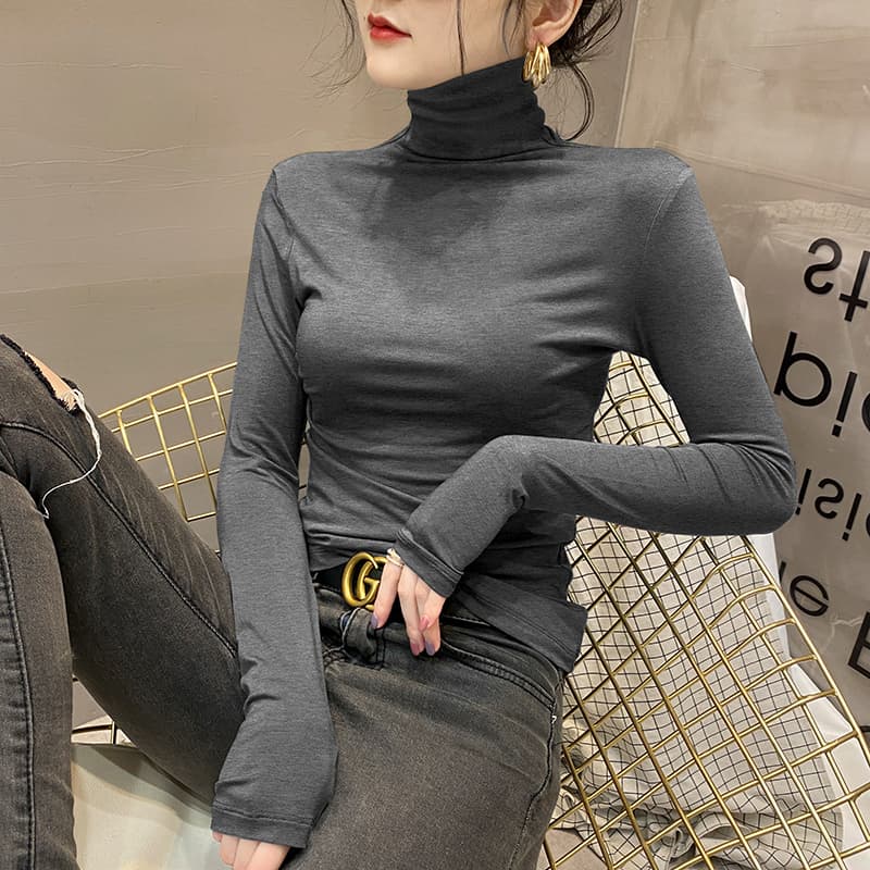 タートルネック レディース 長袖 綿混カットソー｜着痩せフィット・薄手デイリーインナー（S〜3XL）