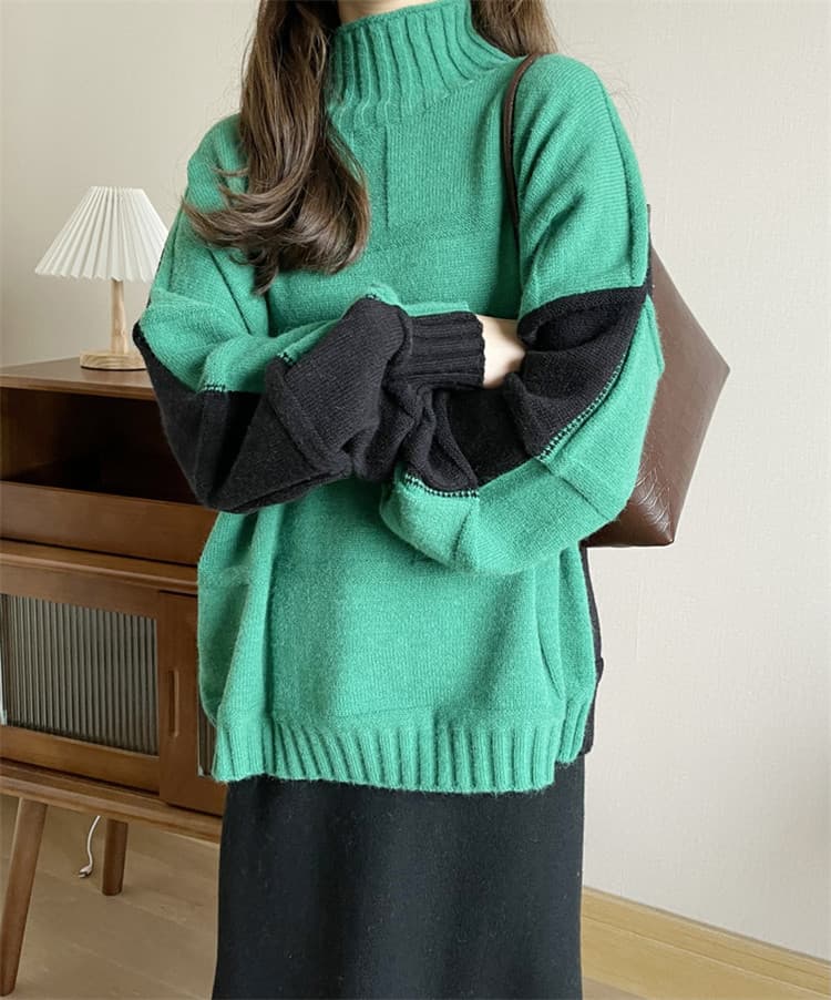 配色切替袖ゆったりタートルネックセーター