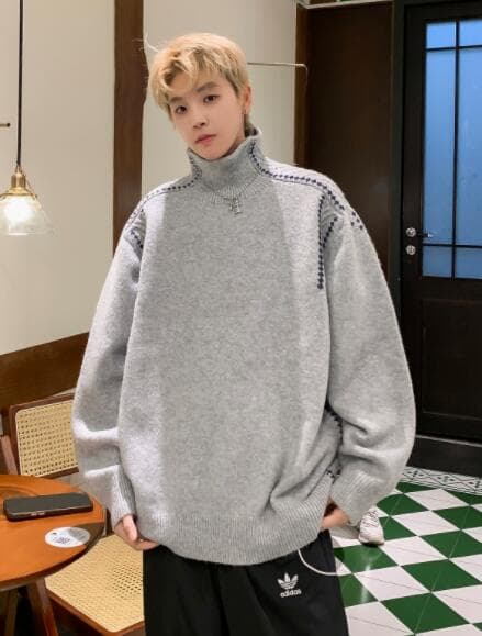 肩ライン装飾入りゆったりシルエットタートルネックニット　M~2XL