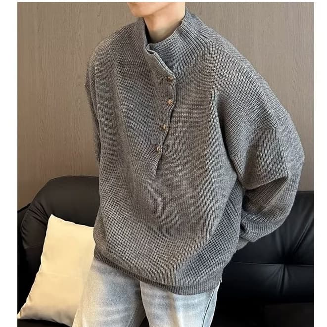 タートルネック 　メンズ　長袖　斜めボタン装飾高襟ニットM〜2XL