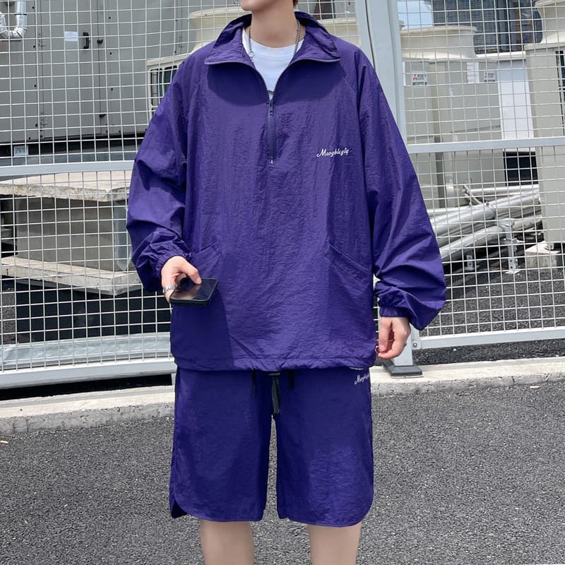 タートルネック　メンズ　長袖　 冷感素材ハーフジップシャツとショートパンツの上下セット M~3XL