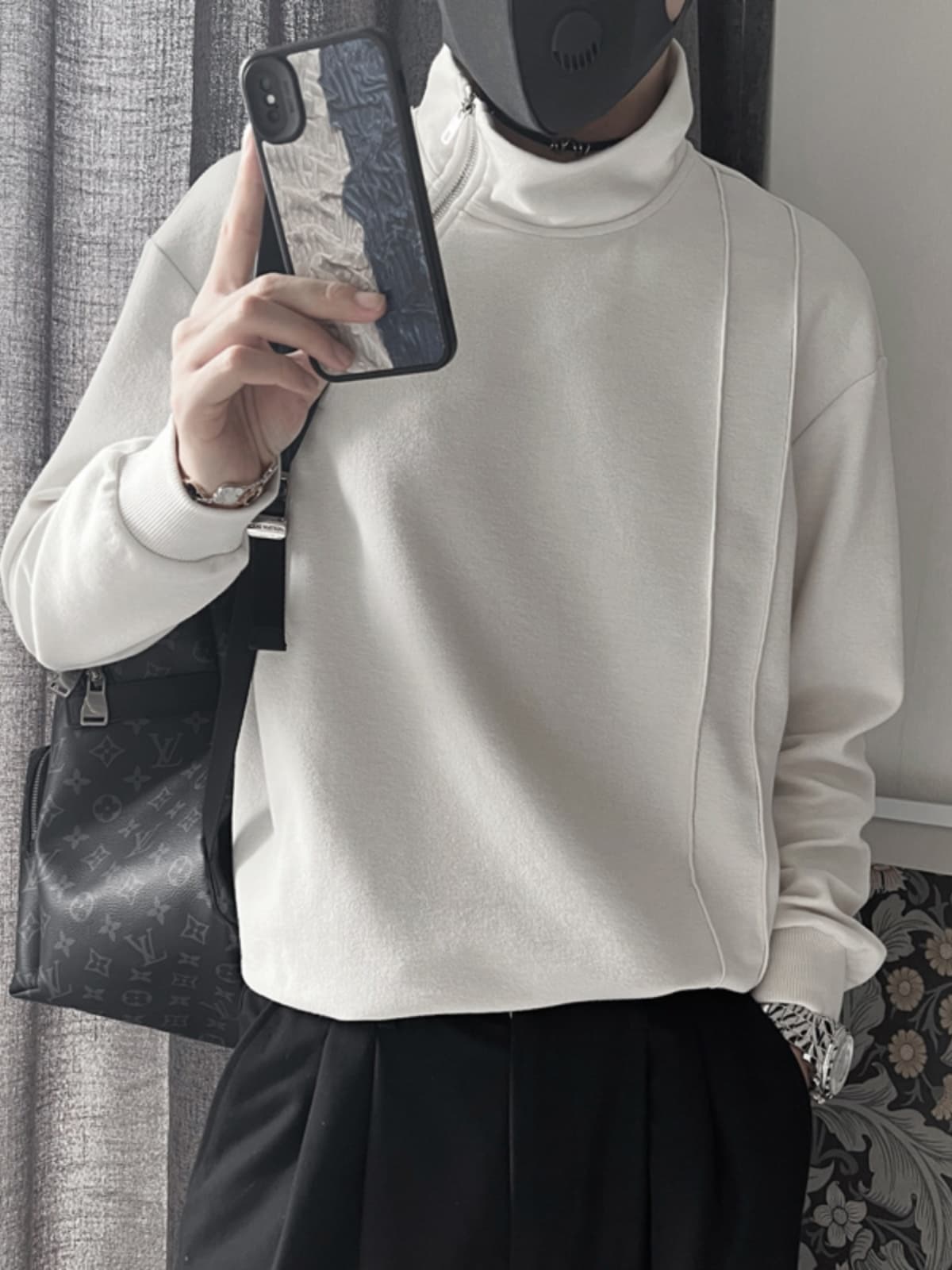 立体切替デザインタートルネックシャツ　メンズ　長袖　M〜3XL