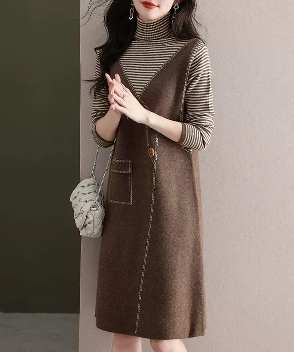 【骨格ナチュラル】ゆったり レディース ワンピース タートルネック 重ね着風ニットワンピース｜秋冬きれいめレイヤード
