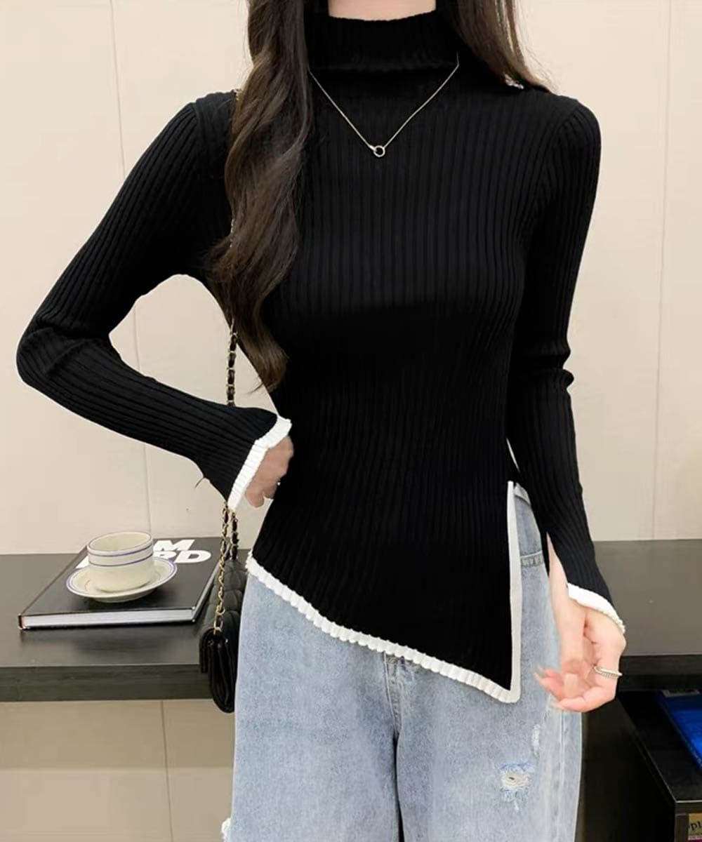 【骨格ストレート】1枚でラインがきれいに見える ハイネックリブトップス　レディース　長袖