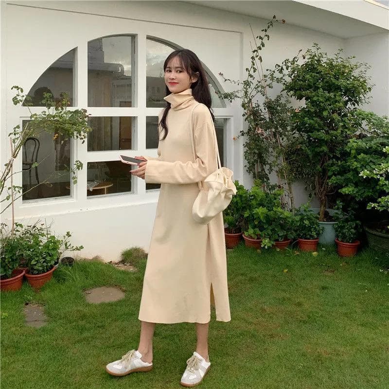 タートルネック　レディース　長袖　 ゆったり薄手 シルエットワンピース S〜2XL
