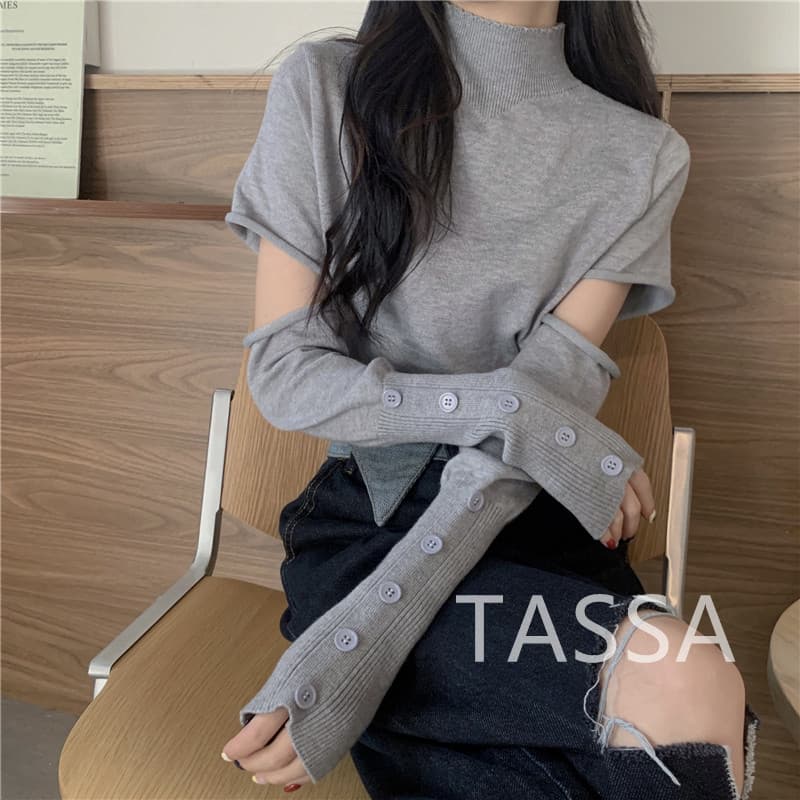 ボタン付き取り外し袖タートルネックシャツ