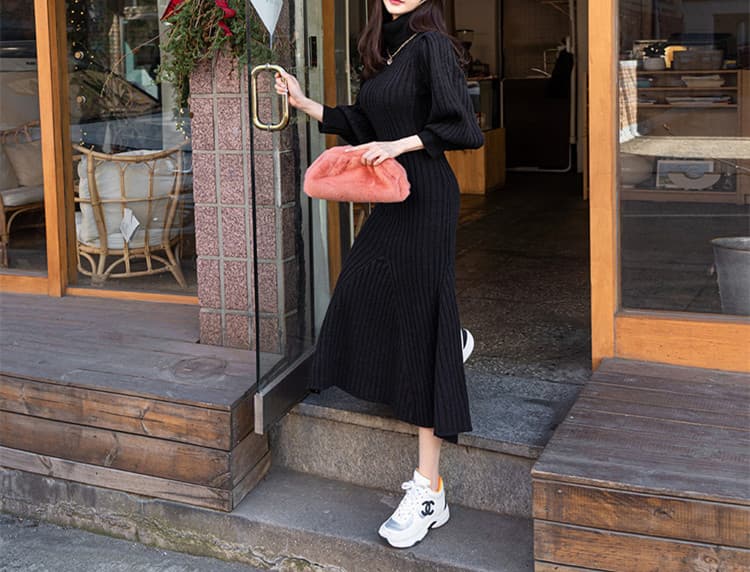 縦リブニットタートルネック袖ボリュームワンピース