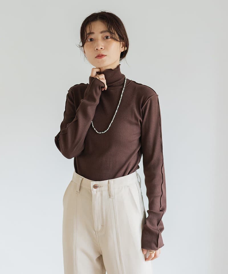 上品リブ編みタートルネック長袖シャツ S〜M