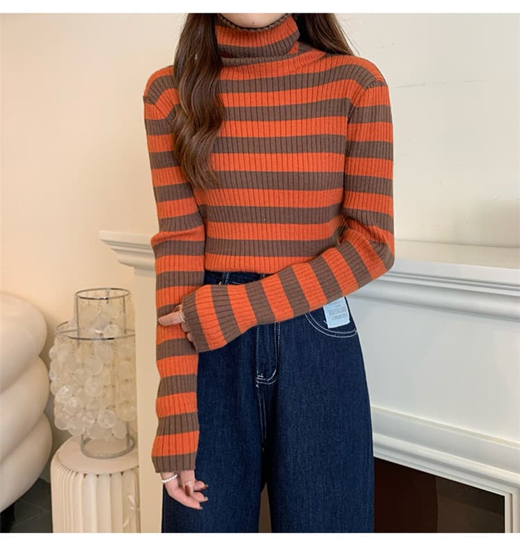 タートルネック　レディース　長袖　暖かいボーダー柄タートルネックシャツ レディース長袖ニット