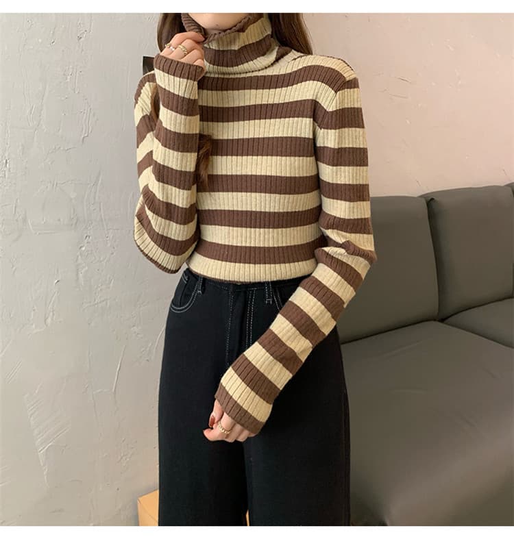 タートルネック　レディース　長袖　暖かいボーダー柄タートルネックシャツ レディース長袖ニット