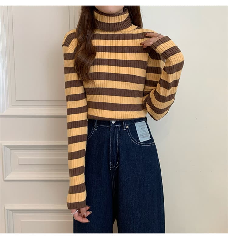 タートルネック　レディース　長袖　暖かいボーダー柄タートルネックシャツ レディース長袖ニット