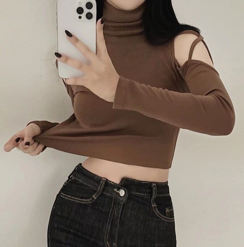 肩開きデザイン長袖タートルネックシャツ　レディース　S〜XL