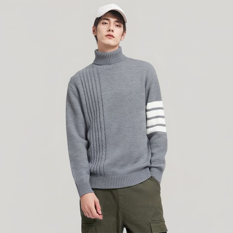 袖ライン入りケーブル編みタートルネックセーター　メンズ　M~2XL