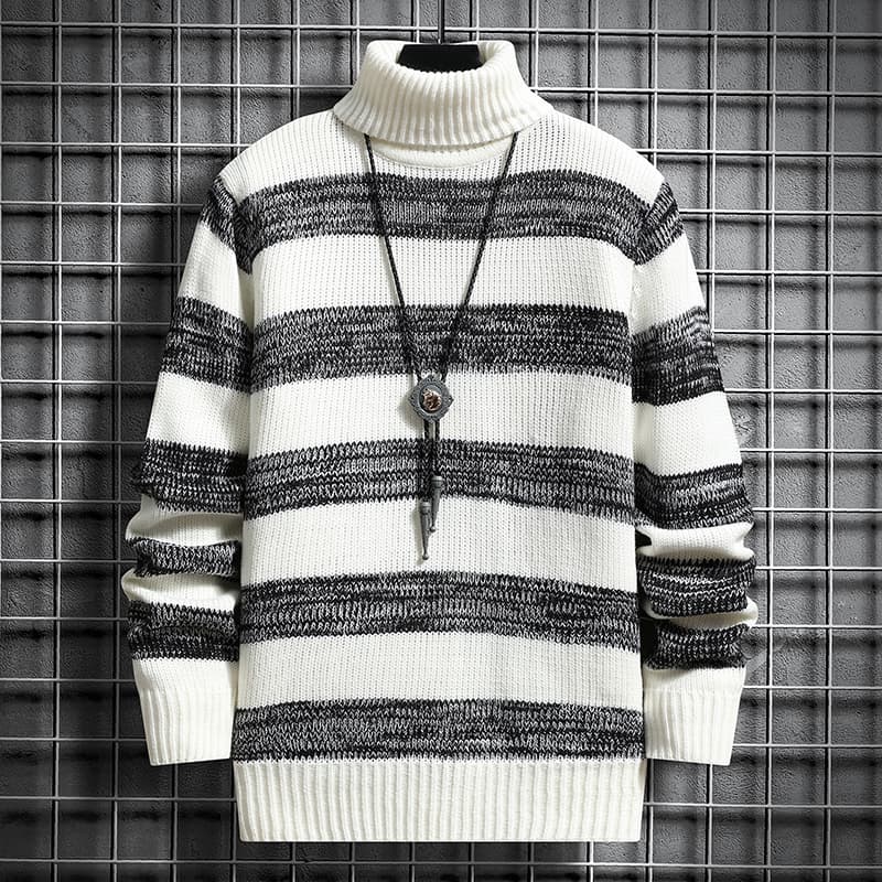 太ボーダー柄タートルネックニットセーター　メンズ　M~3XL