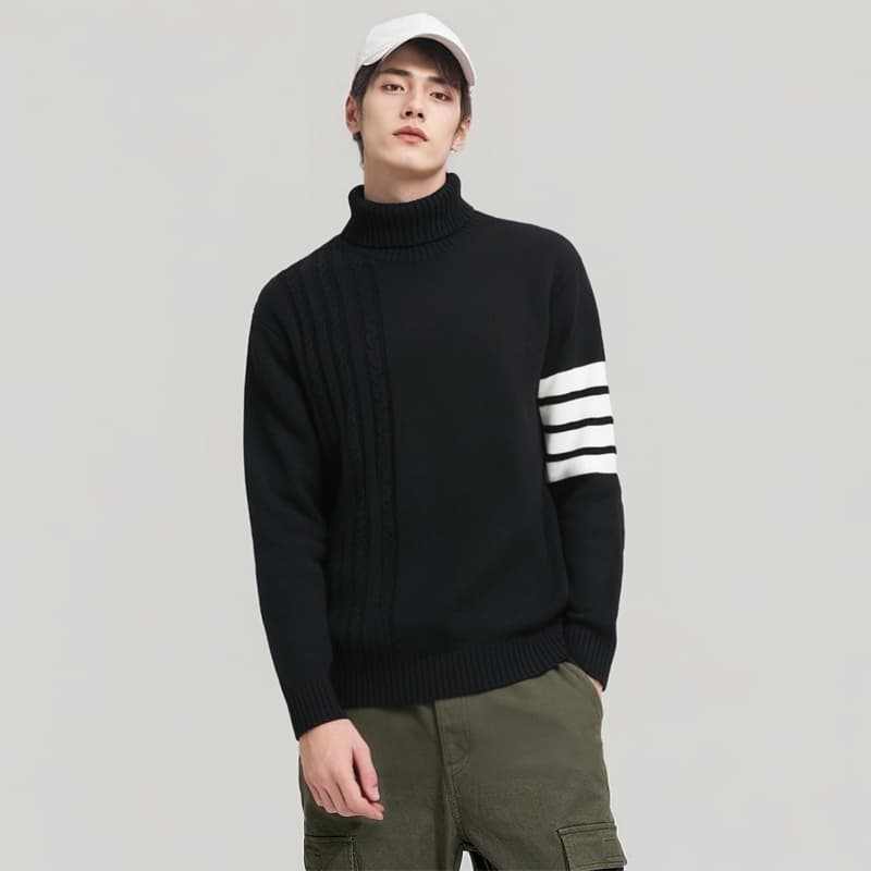 袖ライン入りケーブル編みタートルネックセーター　メンズ　M~2XL