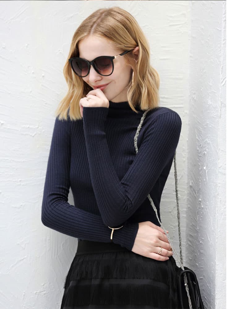 タートルネック　レディース　長袖　リブ編みスリムフィット　春秋冬　XS～XXL