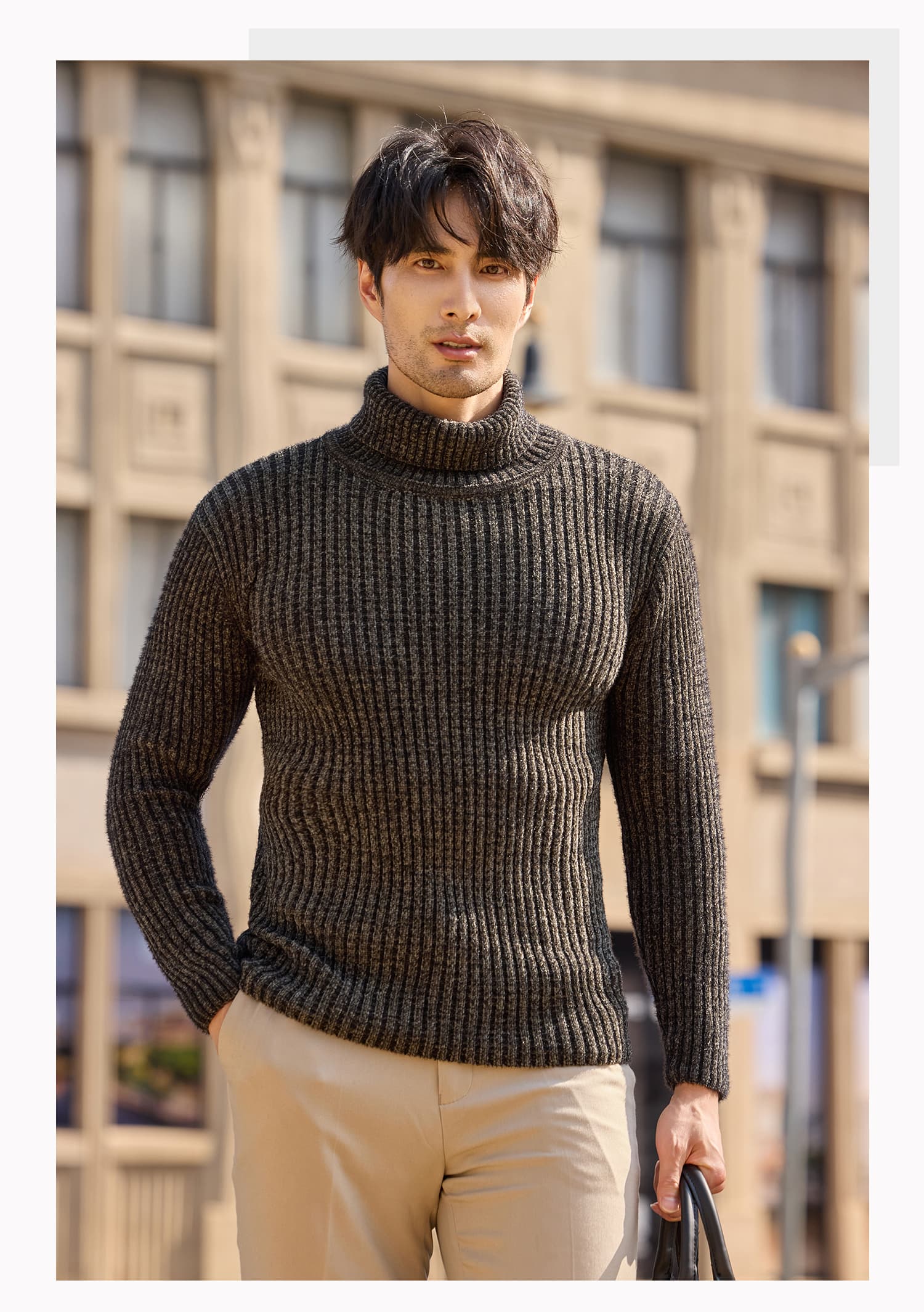 立体リブ編みタートルネックニットシャツ メンズ　長袖　M〜4XL　ぽっちゃり対応　大きいサイズ　チクチクしない