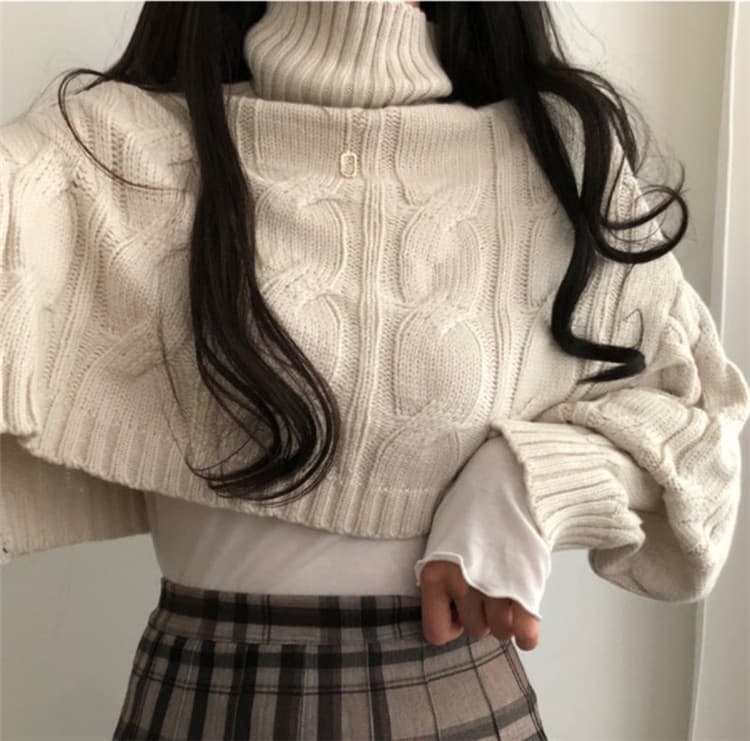 立体ケーブル編みショート丈タートルネックセーター