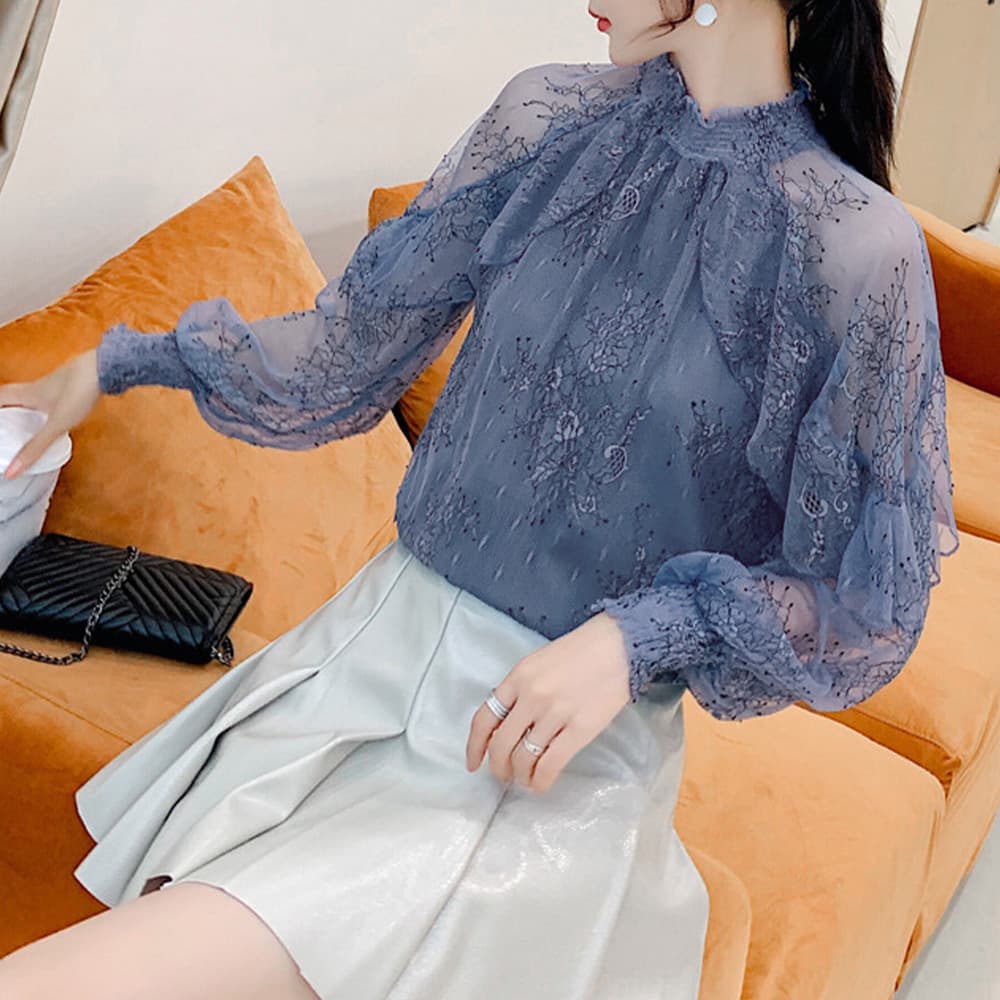 タートルネック　レディース　長袖　花柄シアー タートルネックシャツ レディース