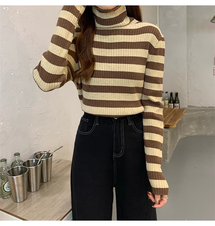 タートルネック　レディース　長袖　暖かいボーダー柄タートルネックシャツ レディース長袖ニット