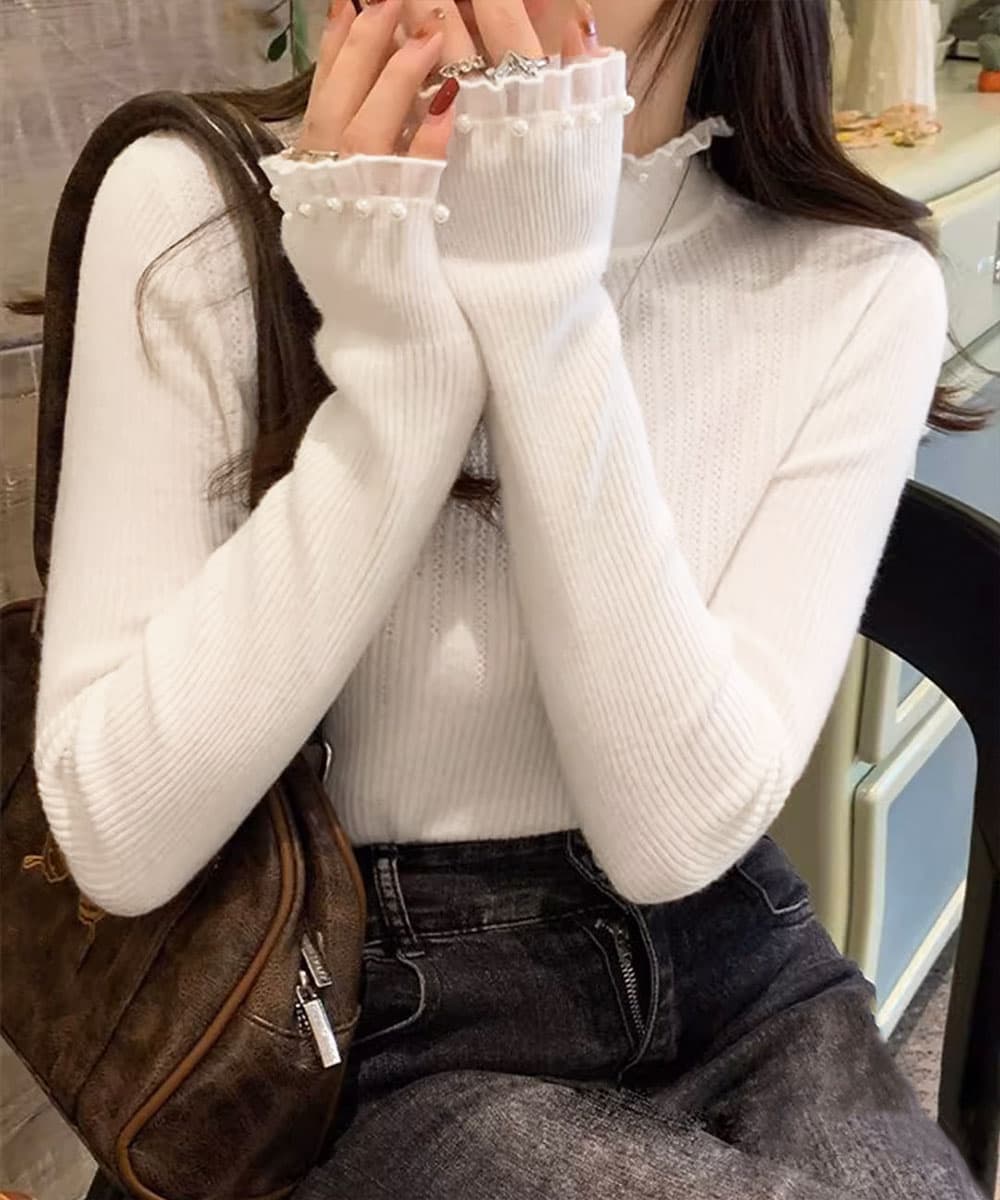 【骨格ストレート】真珠装飾リブニットシャツ タートルネック長袖春秋冬