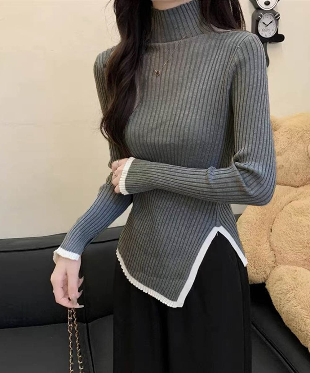 【骨格ストレート】1枚でラインがきれいに見える ハイネックリブトップス　レディース　長袖