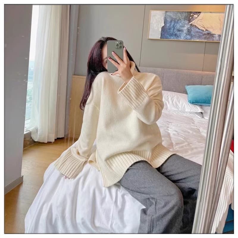 ゆったりリブ切替タートルネックニットセーター　XS~XL