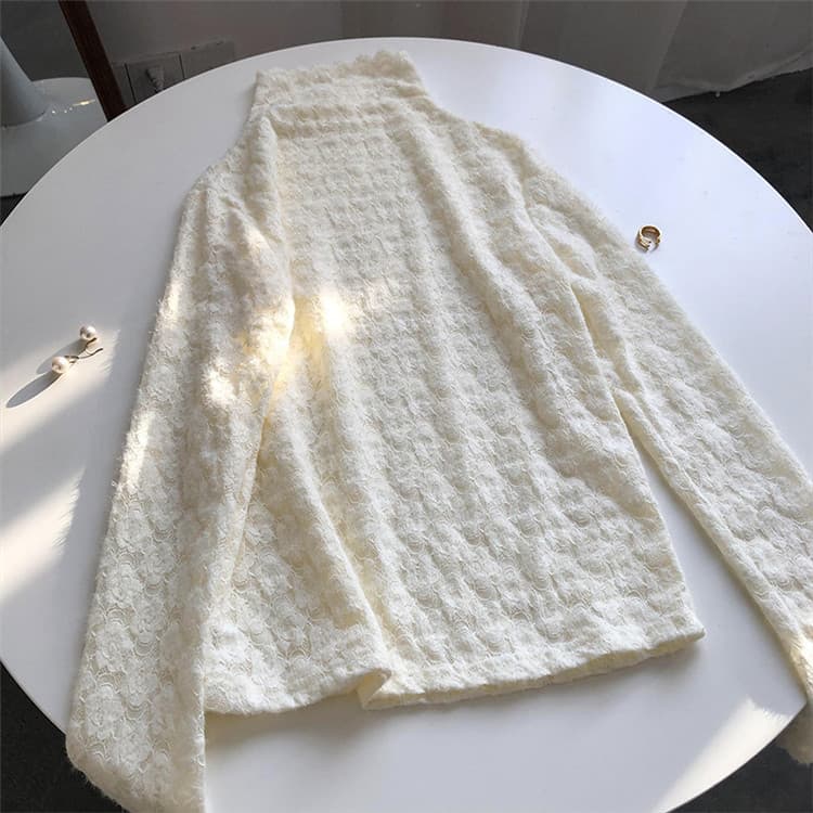 【骨格ナチュラル】花柄レース タートルネック シャツ 上品アイボリー　M L